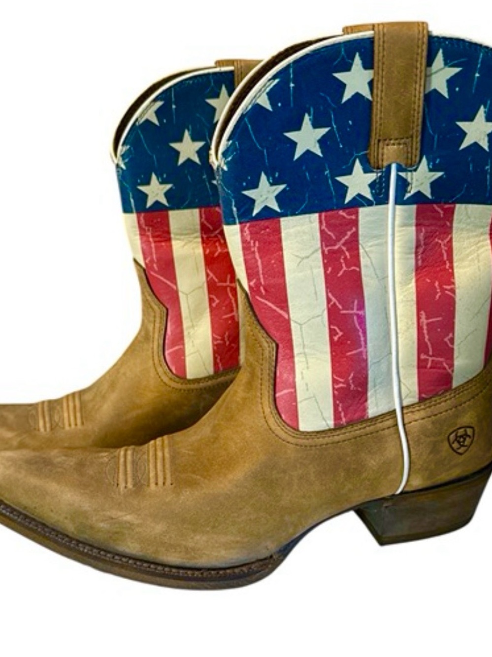 Women’s Ariat Tan Leather Cowboy Boots with Red White Blue Flag Shaft